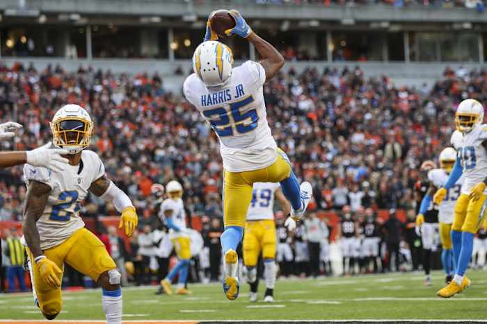 Dec 5, 2021; Cincinnati, Ohio, USA; Los Angeles Chargers cornerback Chris Harris Jr. (25) intercepts the ball in the end zone against the Cincinnati Bengals in the second half at Paul Brown Stadium. Mandatory Credit: Katie Stratman-USA TODAY Sports